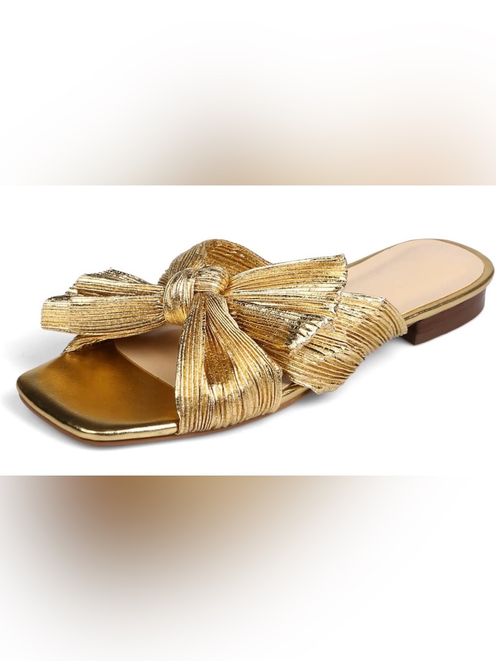 MICIFA Pleated Knot Bow Flat Sandals - Gold